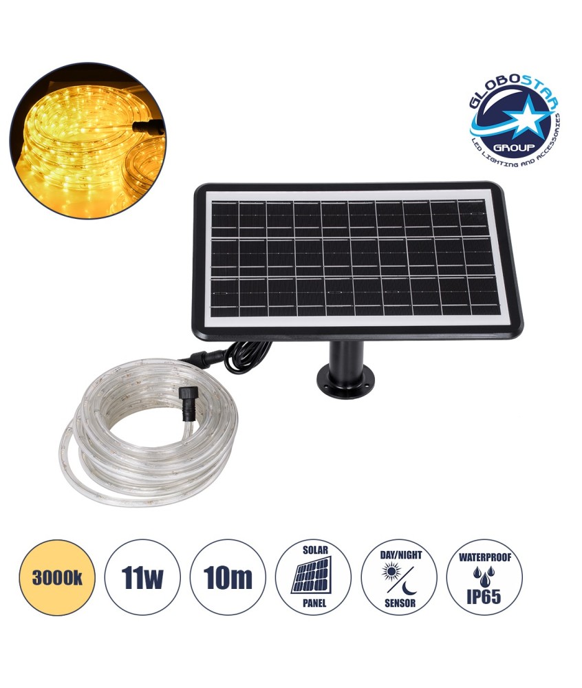 GloboStar® 90256 Αυτόνομο Ηλιακό Σετ Φωτοσωλήνα 10m LED 11W 770lm με Ενσωματωμένη Μπαταρία 10000mAh - Φωτοβολταϊκό Πάνελ & Αισθητήρα Ημέρας-Νύχτας Αδιάβροχο IP65 - Θερμό Λευκό 3000K